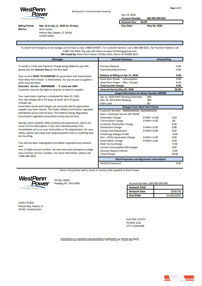 USA Pennsylvania West Penn Power utility bill template in Word and PDF format